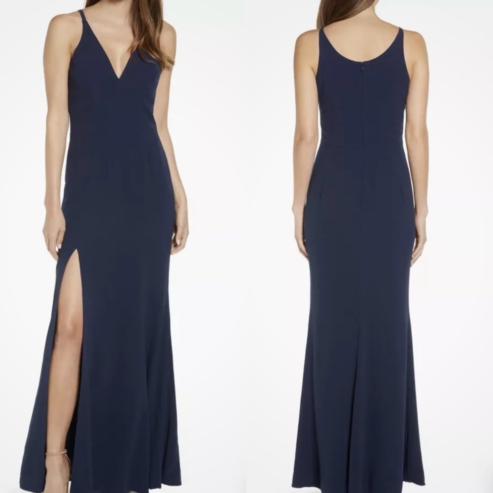 Dress the Population Iris Slit Crepe Trumpet Gown Dress Sz Medium Blue Lined
